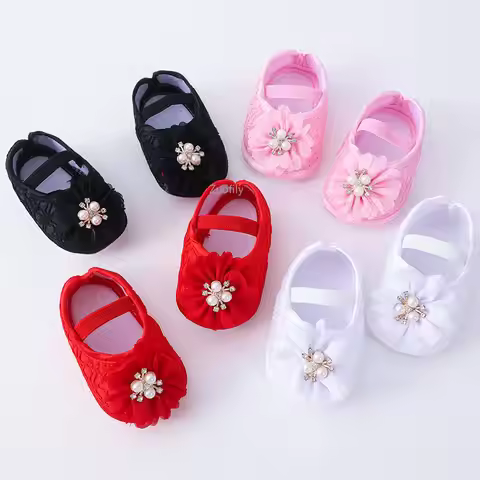 Baby Girls First Walkers Soft Toddler Crib Shoes Infant Lace Floral Pearl Walkers Shoes Princess Inf