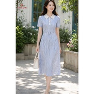 Light blue striped dress with flared collar and waist belt 43189X96 - Toson