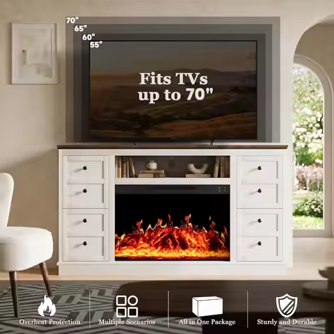 62" Farmhouse Fireplace TV Stand for up to 75" TV, 38" Tall Entertainment Center with 1500W Fireplac