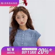 GIORDANO Women Blouses Pleated Mock Neck Flower Buttons Blouses Cap Sleeve Stripes Simple Fashion Ca