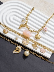 Ocean-themed simulated pearl seashell turtle conch heart-shaped cloud pendant bracelet stainless ste