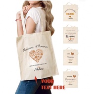 1pc Custom Name French "Merci De M'aimer" & "Super Nounou" Floral Print Handbag - Lightweight Foldab