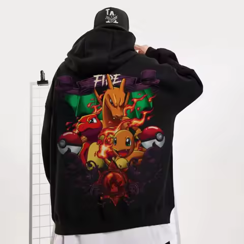 Black Oversized 4xl Pok É Mon Flame Dragon Print Men's and Women's Autumn and Winter Velvet Y2K Hall