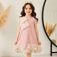 Young Girl Elegant Bow Decor Ruffle Hem Sleeveless A-Line Lace Dress, Gorgeous Princess, Formal Wear
