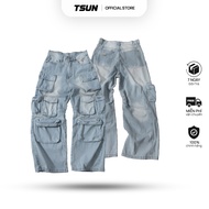 Tsun Multi-Pocket Wide Jeans - [UNISEX] - Wash Blue - Wide Tube - Metal Label
