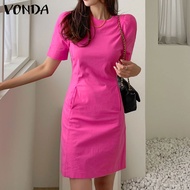 VONDA Women Casual H Pocket Solid Dress Fit T-Shirt Dress (Korean Causal)