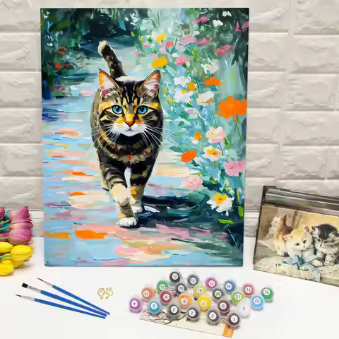 Digital Oil Painting Cat Animal Drawing By Numbers Kitten DIY Paint By Numbers Flower Acrylic Paint 