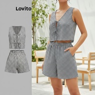 (Trendy2) Lovito Casual Plaid Lace Up Shorts Sets for Women L108ED370