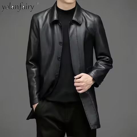 7XL Genuine Leather Jacket Men's Clothing Midi Long Winter Plush Warm Leather Windbreaker Male Large