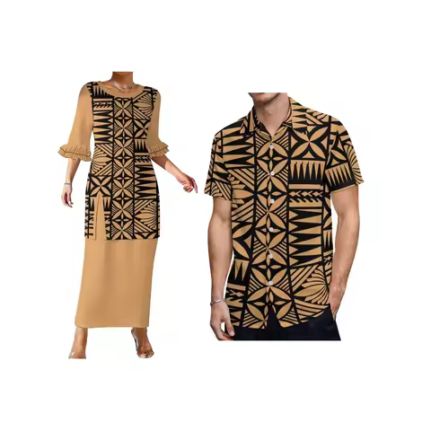 Women Puletasi Dress Slit Design Dress Custom Matching Aloha Men Hard Collar Shirt Hawaii Print Big 