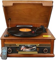 LP portable vinyl turntable vintage electric vinyl record player CD player radio bluetooth record player 3 speed with built-in speaker brown