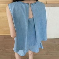 【00118s8zmdk38.my】 Round Neck Denim Vest Back Design Elastic Waist Shorts Two-Piece Suit  New Age-Re