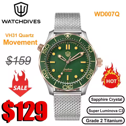 Watchdives WD007Q NTTD Grade 2 Titanium Watches VH31 Sweep Second Quartz Movement Sapphire 200M Wate