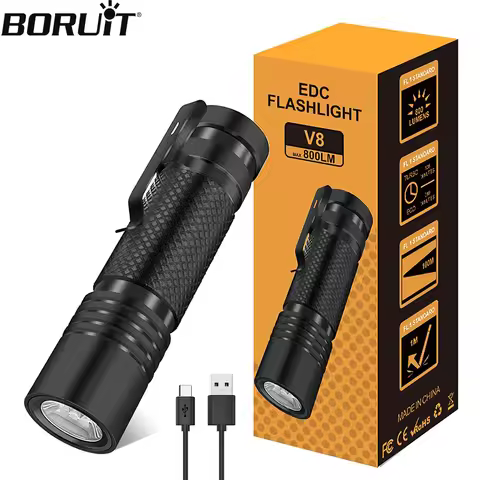 BORUiT V8 EDC Flashlight 18650 USB C 800LM Rechargeable Powerful Torch 5 Lighting modes 1200mAh Buil