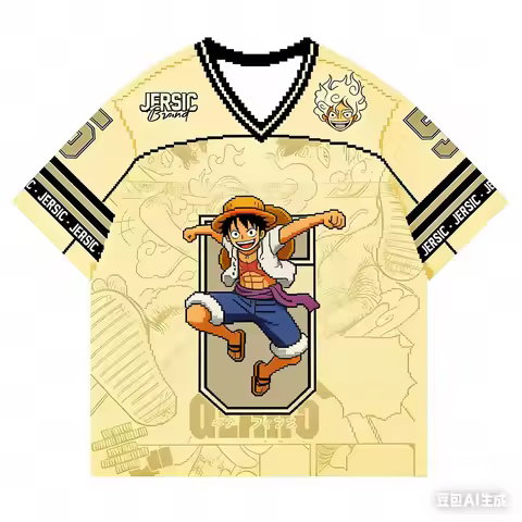 2026 New Bandai Japanese Anime One Piece Luffy Gear 5 V-neck Jersey 2025 White Manga Pattern Shirt