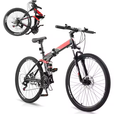 Folding Mountain Bike 21 Speed 26 Inch Bicycle, Dual Kill Disc Brake System, Padded Shock Forks