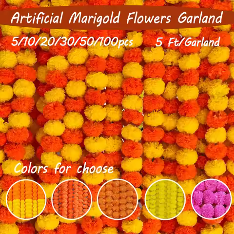 5-100pcs Marigold Garland For Decoration 5ft Artificial Marigold for Mexican Party Fiesta Day of The