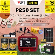 PapaStop P250 Energizer 1.8MM Set for 3.0 - 7.0 Acres (AC/DC) Aluminium Wire Solar Panel Electric Fe