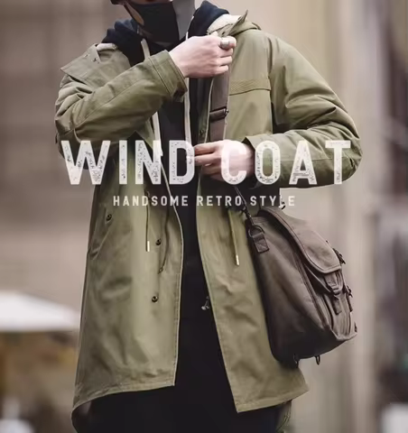 Men's American M51 Fish Tail Mid Length Trench Coat Hooded Parka Coat Cotton Jacket