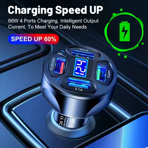4 In 1 USB Car Charger, 4 Ports Fast Charger Adapter Mini Cigarette Lighter, USB, And Phone Fast Cha