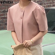 VONDA Women Korean Round Neck Short Sleeve Solid Color Button Up Blazer