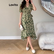 Lovito Boho Dress Floral Criss Cross Belted Dress for Women L68ED196 (Dark Green)