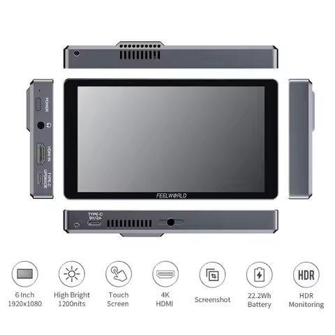 FEELWORLD P6XL 6 Inch Aluminium Built-in Battery DSLR Camera Field Monitor Touch Screen 4K HDMI High