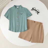 2pcs/Set Young Boy Blue Shirt And Khaki Shorts, 2 Pieces Outfit Set Suitable For Kids Outfits, Back 