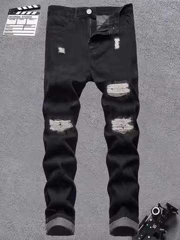 New Arrival Mid-Waist Men's Slim Fit Cuffed Fashion Streetwear Ripped Denim Jeans Long Trousers High
