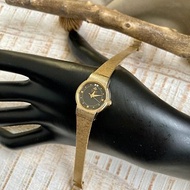 SEIKO 金色圓錶殼 黑沙金線錶盤 水鑽時標 手工錶帶 古董錶