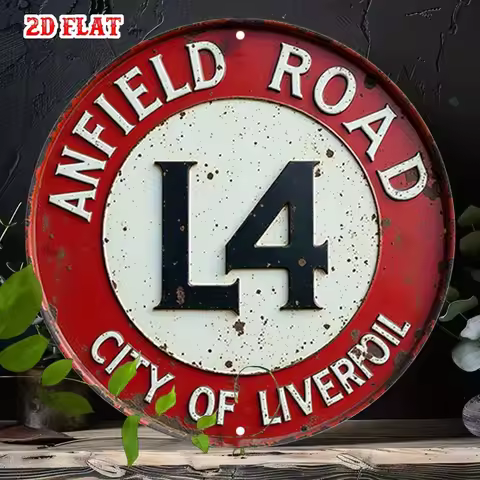 Vintage Anfield Road L4 City of Liverpool Round Metal Tin Sign, High Definition Iron Painting, Retro