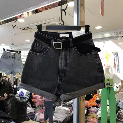 Black Gray Women Summer High-waist Slimming Outdoor Wear A- label Hot Pants Loose Cotton Shorts Urba