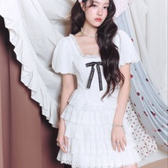 FLAT2112 : SWEET AFFAIR MINI DRESS เดรสลูกไม้สีขาวทรงหวาน ดีไซน์โบว์สุดน่ารัก  เดรสขาวผู้หญิง สไตล์เ