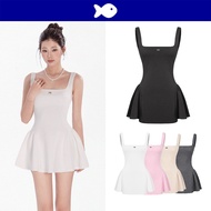 DKMV square neck two-strap lady's Dress with flared form and 2-skin elastic waistband with fish logo