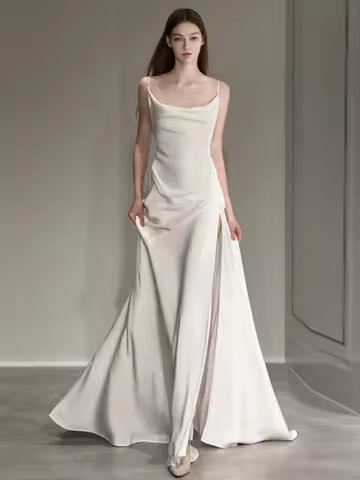 White Strapl Lightweight Wedding Dr Satin Evening Gown for Bride Slimming Entrance Wedding Reception