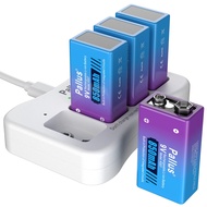 9V Rechargeable Batteries, 4 Pack 850mAh 9 Volt Lithium-Ion Batteries with 4-Bay Li-Ion 9V Battery C