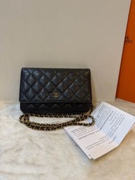 23年 香奈兒chanel 黑色荔枝紋牛皮 金扣 woc鏈條包 斜挎包 20cm
