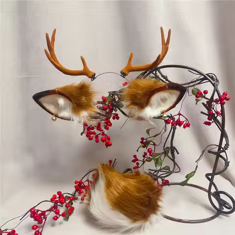 Handmade Christmas Halloween Deer Ears Horn Hairhoop Headwear Tail For Lolita Game Party Cosplay Cos