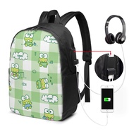 Sanrio KeroKeroKeroppi Backpack Laptop USB Charging Backpack 17 Inch Travel Backpack School Bag Large Capacity Student School Bag
