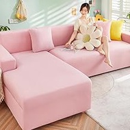 JunJiale Sectional Couch Covers 2-Piece Softness Sofa Cover Super Stretch L-Type Couch Slipcover 5 Seater + 5 Seater Furniture Protector (Rose Pink