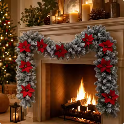 Fir Garland with Poinsettias Snowy Christmas Garland with Flowers Artificial