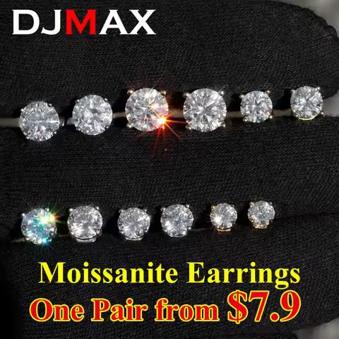 DJMAX 0.5-2ct Moissanite Diamond Stud Earrings for Women Original 925 Sterling Silver Lady's Moissan