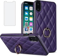 Phone Case for iPhone Xs X 10 10s with Tempered Glass Screen Protector Ring Holder Kickstand Soft Quilted Leather Protective Cover iPhoneX iPhoneXs iPhone10 i PhoneX SX 10x 10xs Women Men Dark Purple