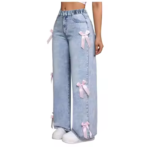 Girls Jeans With Pink Bowknot Cute Y2k High Waist Straight Leg Denim Trousers Teenager Kids Baggy Ca