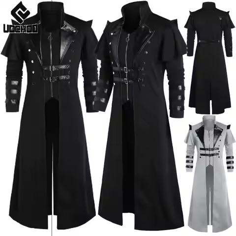 Medieval Long Jacket Black Punk Coat Men Stage Performance Trench Coat Carnival Gothic Outerwear War