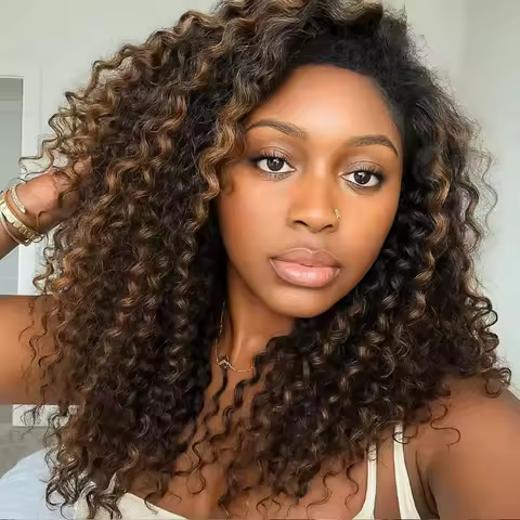 Highlight Brown Ombre Kinky Curly Half Wig Human Hair 1B/27 Color 3 in 1 Half Wigs Go Elastic Drawst