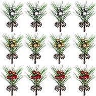 AnyDesign 30Pcs Christmas Artificial Pine Needles Branches with Red Gold Sliver Berries and Pine Cones Fake Pine Needle Picks Greenery Plants for Christmas Embellishing Home Garden Decor DIY Garland