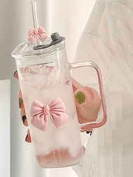 1pc (350ml/11.83oz) Square Bow Tied Glass Cup With Handle, Clear Handle Pumpkin Cup, Classic Mug, Te