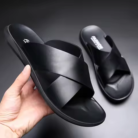 New Designer Men Slipper Summer Fashion Genuine Leather Simple Vietnam Slides Comfortable Cool Beach