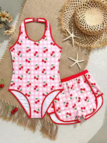 Girls Kids One Piece Swimsuit 2026 New Pink Red Cherry Halter Children Swimwear Summer Shorts Two Pi
